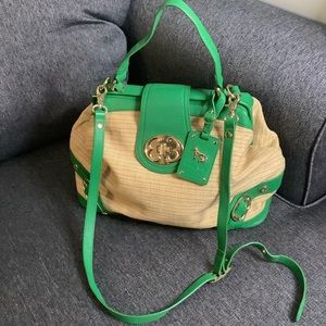 Emma Fox Satchel Green Leather And Natural Woven Linen Blend Tan Crossbody Bag